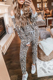 Fashion Leopard Patchwork One Shoulder Long Sleeve Two Pieces
