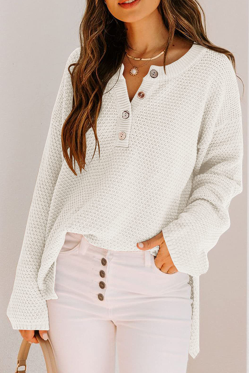 Casual Solid Buckle V Neck Sweaters(4 Colors)