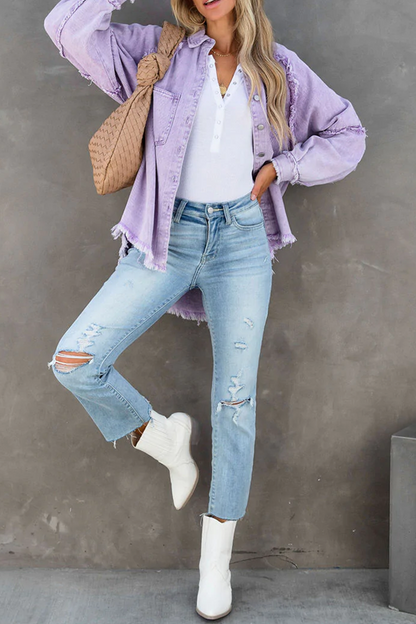 Casual Solid Patchwork Long Sleeve Straight Denim Jacket(3 Colors)