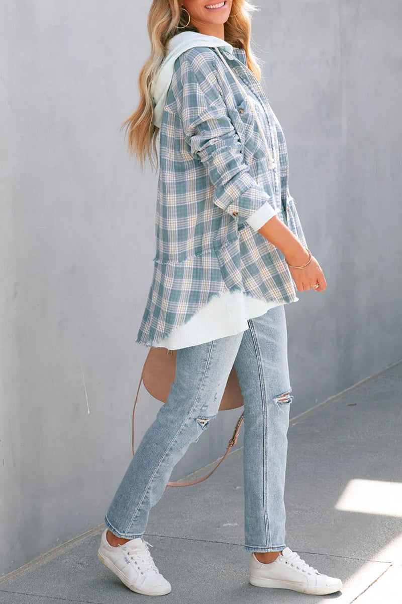 Casual Plaid Striped Patchwork Hooded Collar Blouses