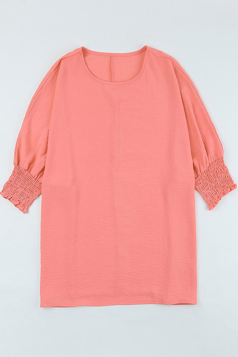 Casual Solid Smocking O Neck T-Shirts(3 Colors)