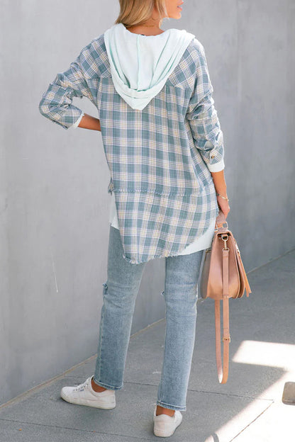 Casual Plaid Striped Patchwork Hooded Collar Blouses