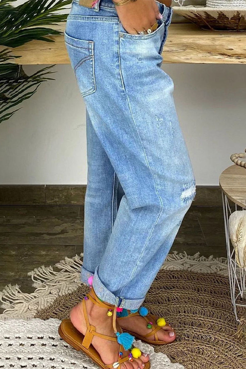 Fashion Street Patchwork Ripped High Waist Denim Jeans