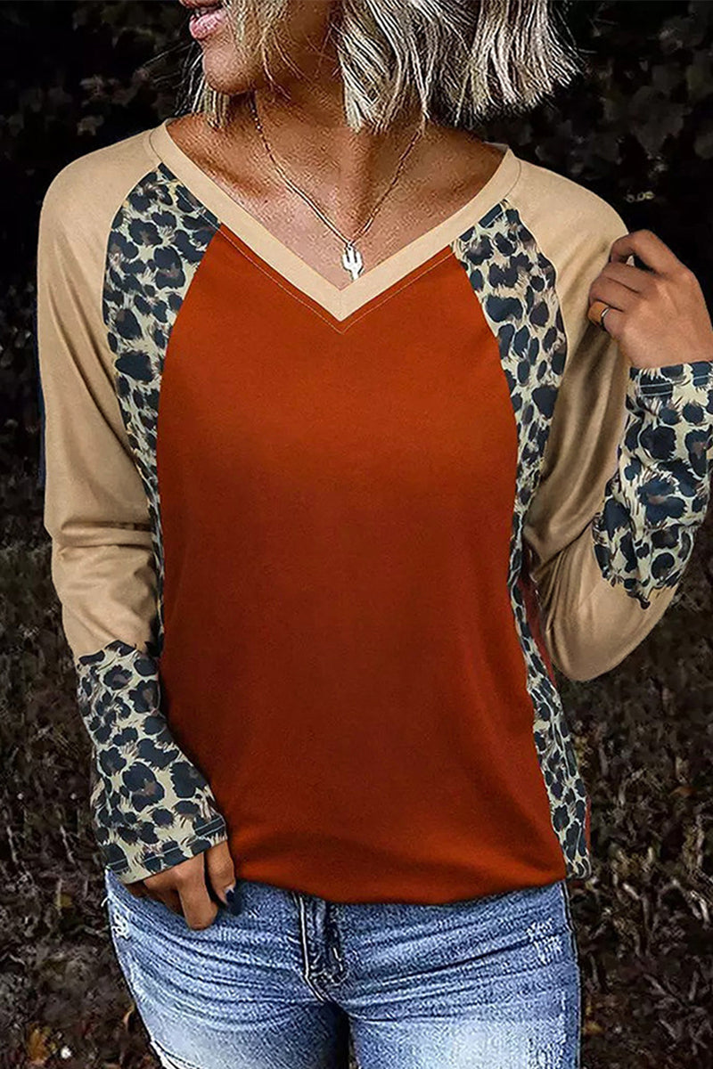 Fashion Casual Leopard Contrast V Neck Tops