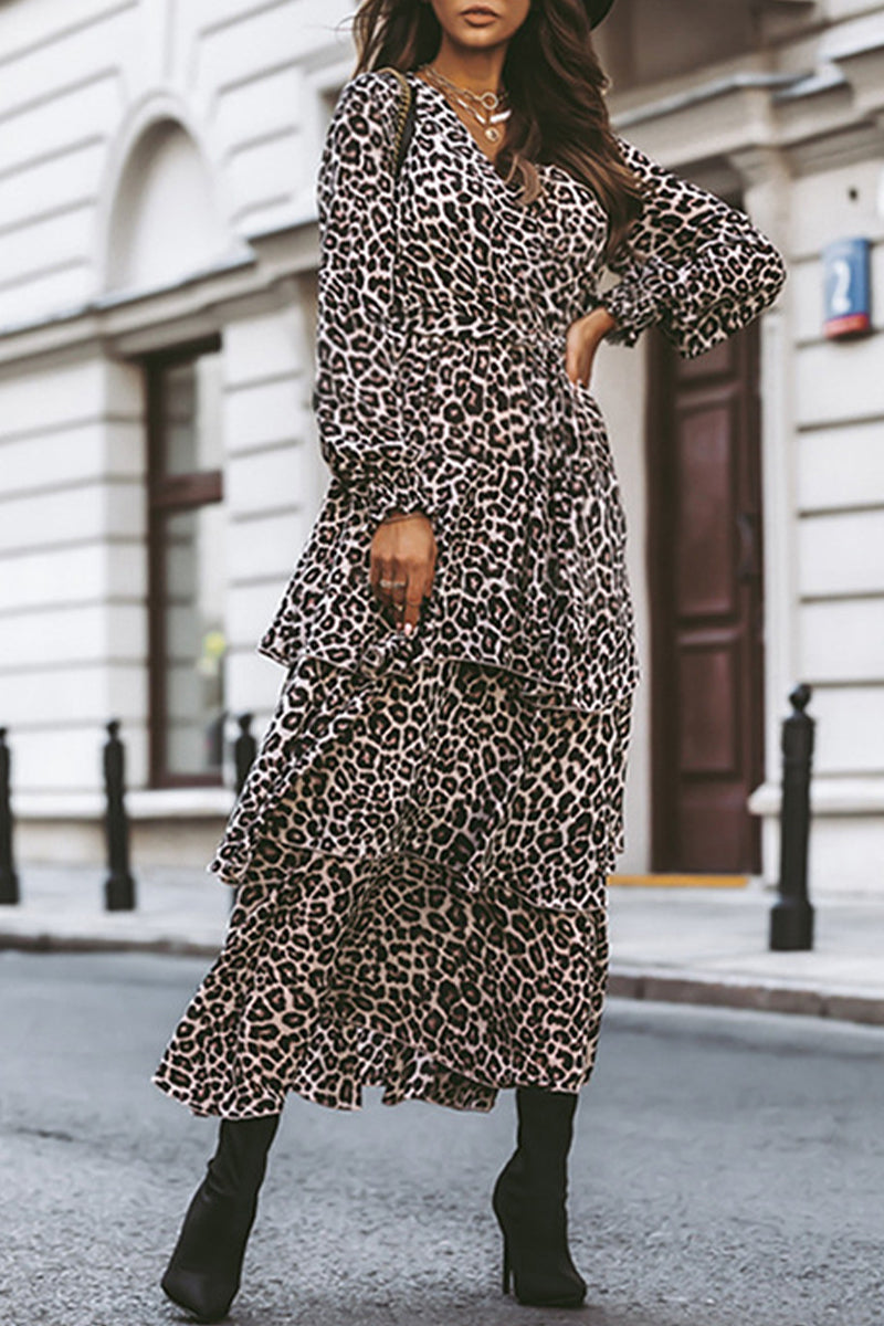 Elegant Animal Print Leopard Solid Color V Neck Cake Skirt Dresses