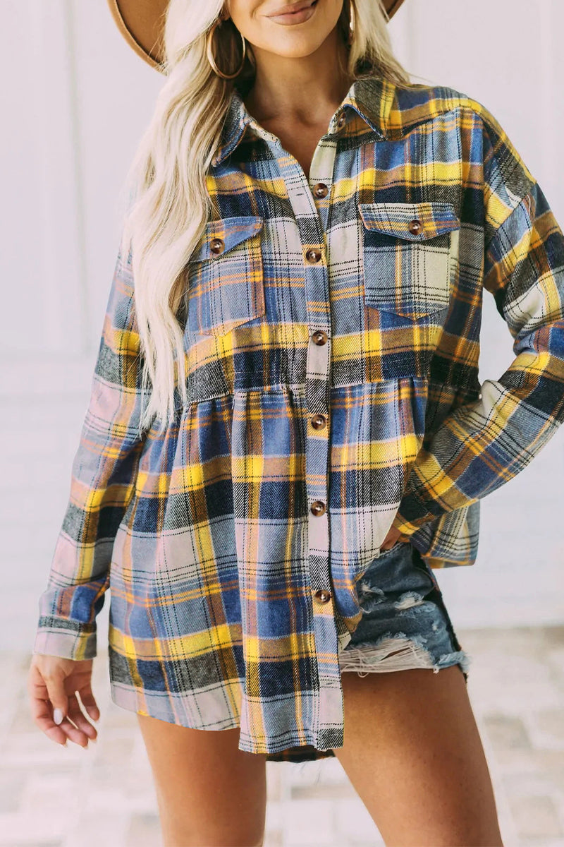 Casual Plaid Buckle Buttons Turndown Collar Tops(5 Colors)