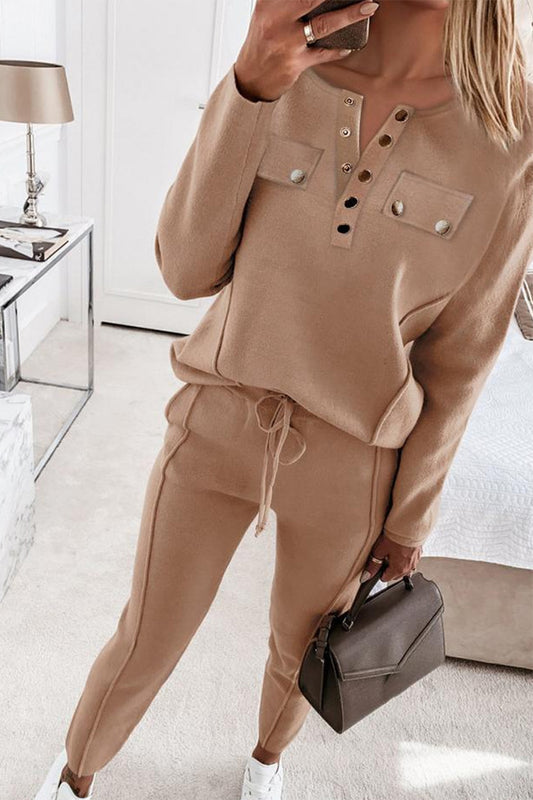 Casual Buckle Solid Color V Neck Long Sleeve Two Pieces(3 Colors)