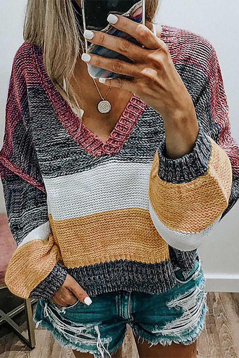 Casual Sweet Color Block Patchwork V Neck Sweaters(4 Colors)