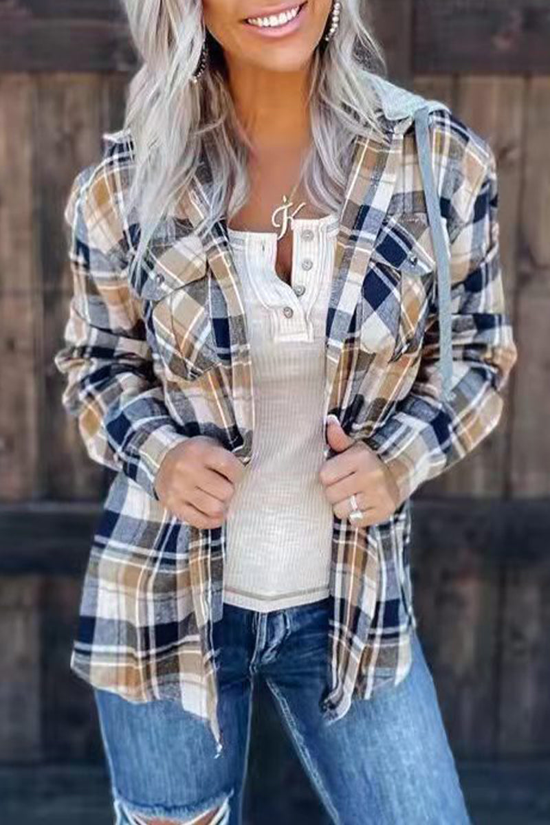 Street Plaid Patchwork Hooded Collar Blouses