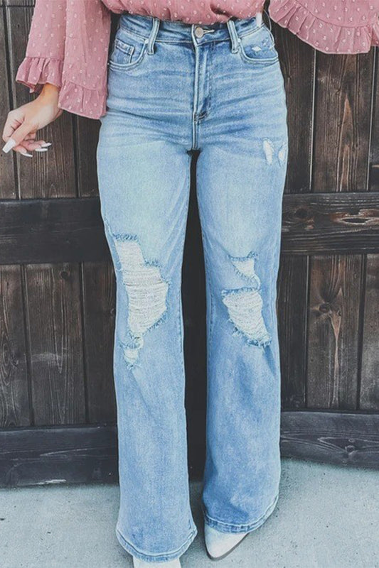 Street Solid Ripped Patchwork High Waist Straight Denim Jeans
