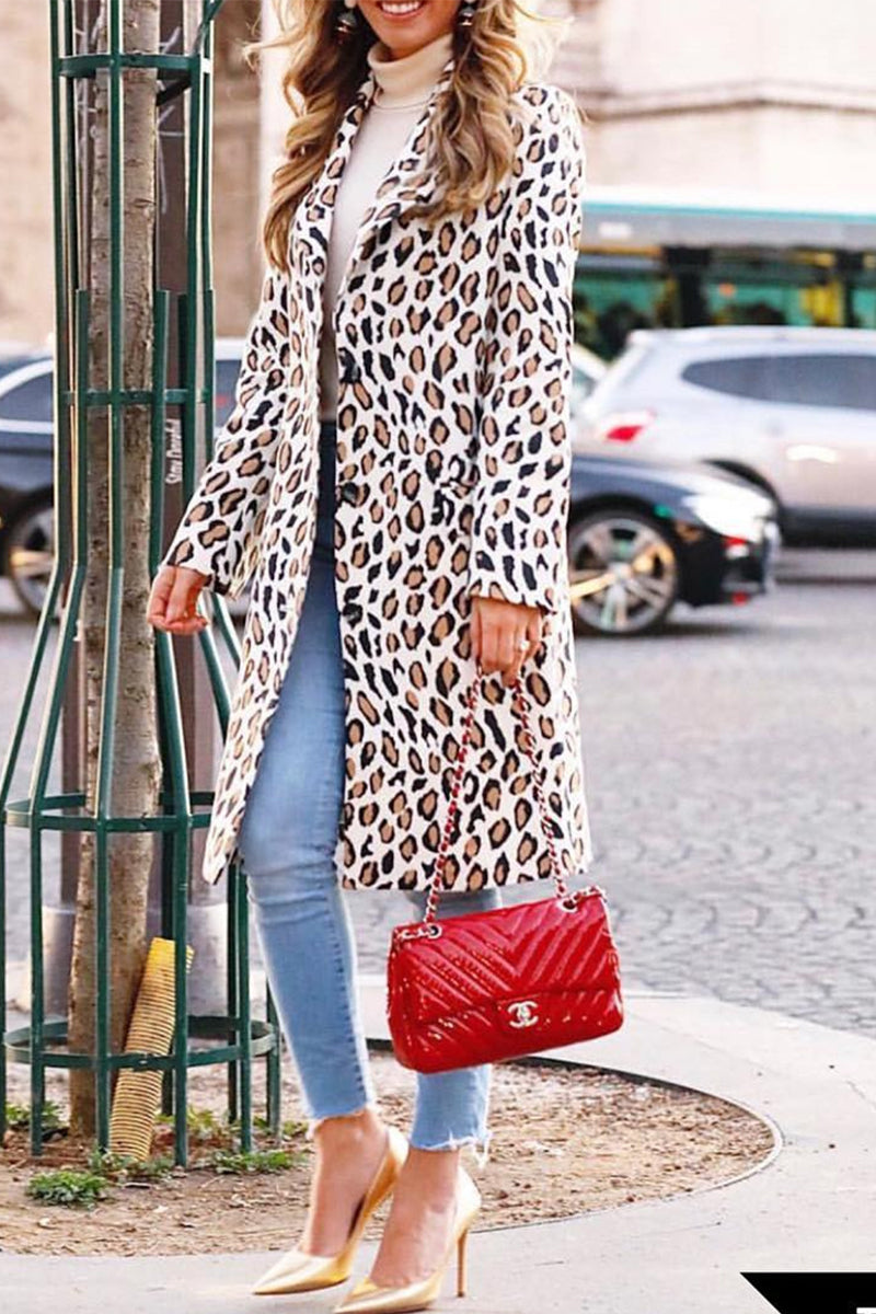 Elegant Leopard Pocket Turndown Collar Outerwear
