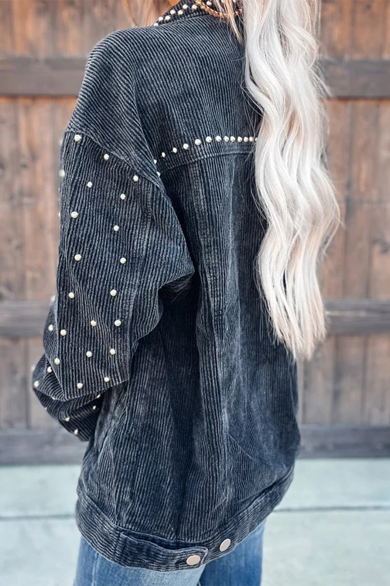 Casual Solid Rivets Turndown Collar Outerwear