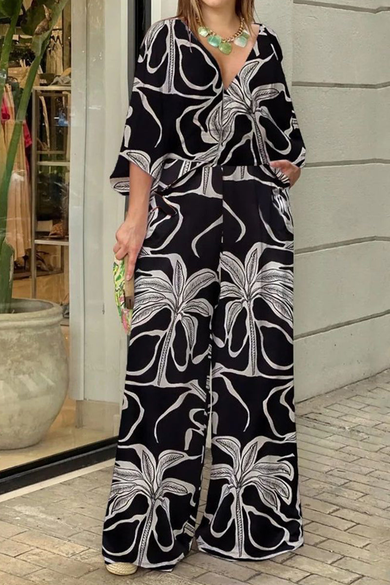 Casual Floral Printing V Neck Loose Jumpsuits