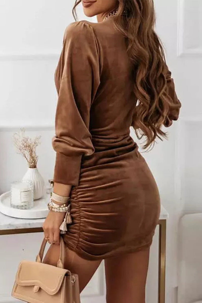 Sexy Elegant Solid Fold V Neck Wrapped Skirt Dresses