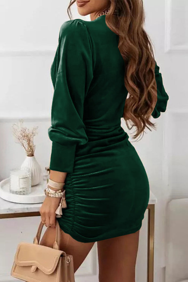 Sexy Elegant Solid Fold V Neck Wrapped Skirt Dresses