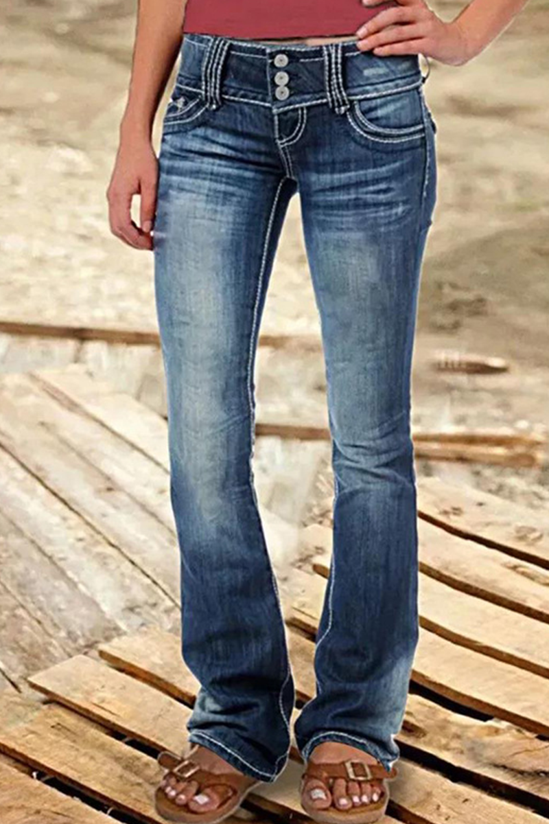 Street Patchwork Ripped High Waist Boot Cut Denim Jeans