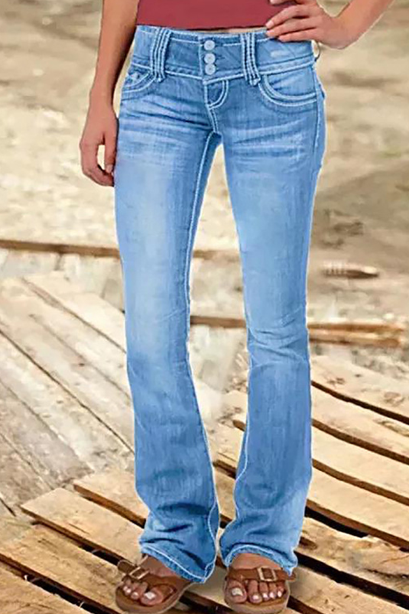 Street Patchwork Ripped High Waist Boot Cut Denim Jeans