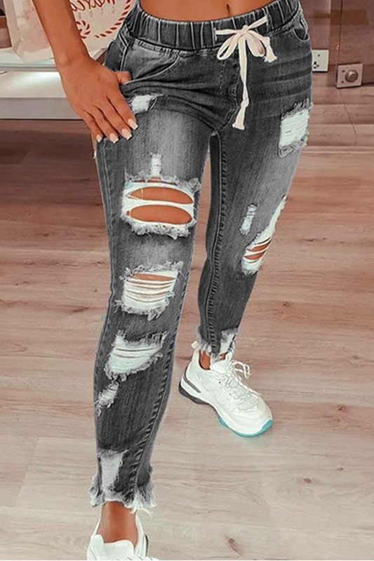 Street Solid Ripped Draw String Skinny Denim Jeans(4 Colors)