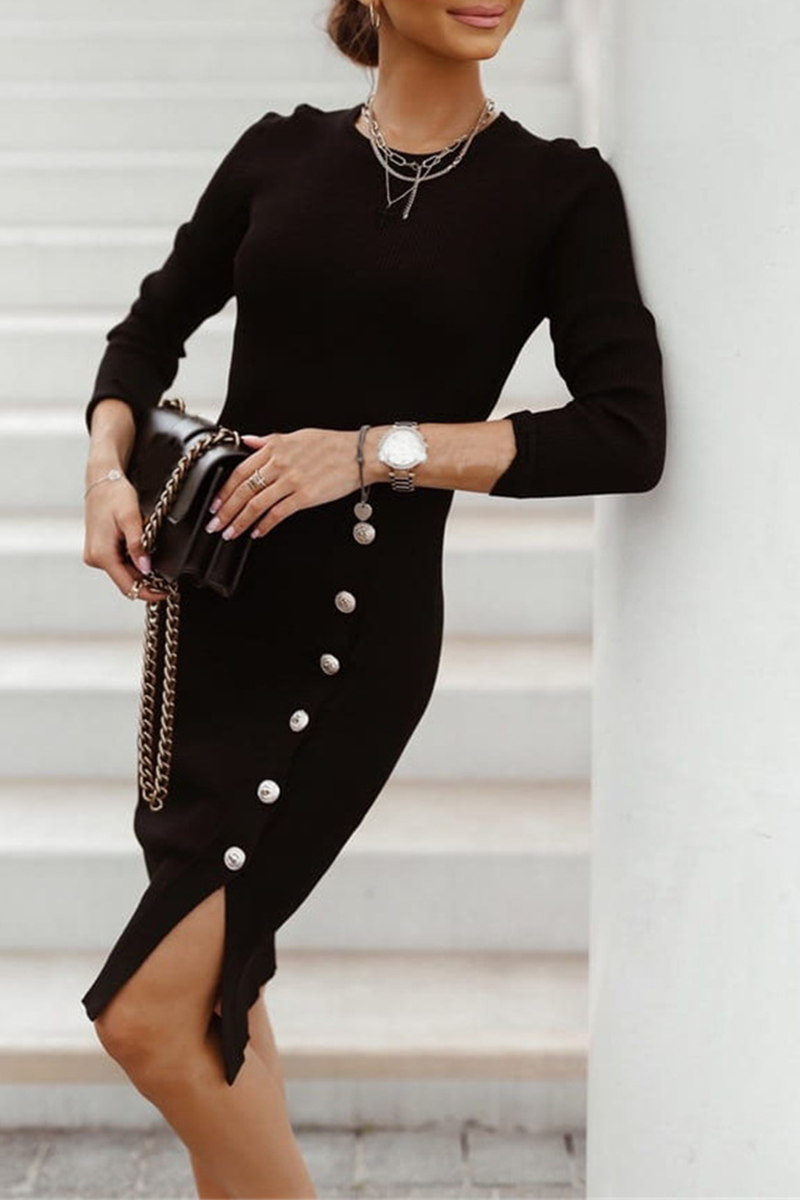 Street Solid Buckle O Neck Pencil Skirt Dresses(4 Colors)