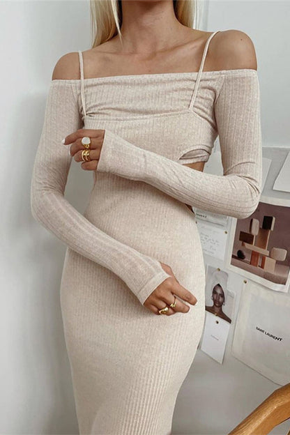 Sweet Elegant Solid Hollowed Out Asymmetrical Off the Shoulder Long Sleeve Two Pieces