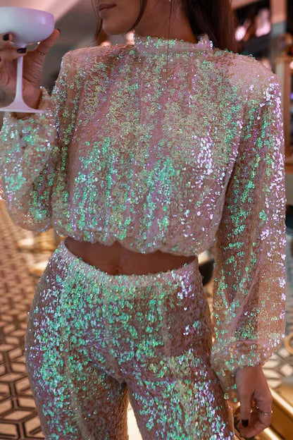 Sexy Patchwork Sequins Half A Turtleneck Long Sleeve Two Pieces