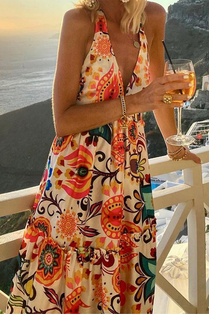 Sexy Vacation Print Backless Printing Halter Beach Dresses