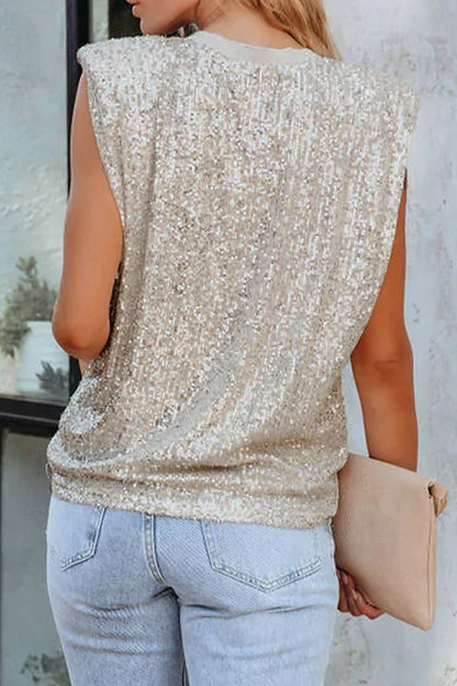 Solid Sequins O Neck Tank Tops