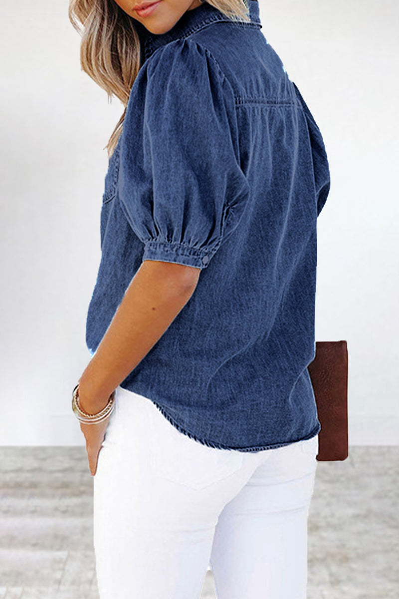 Casual Solid Patchwork Pocket Turndown Collar Tops