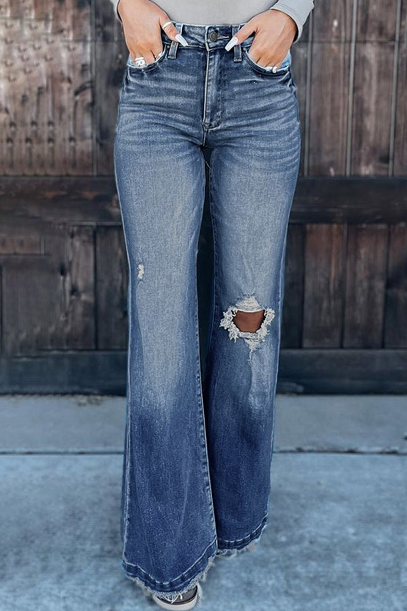 Street Solid Ripped High Waist Boot Cut Denim Jeans