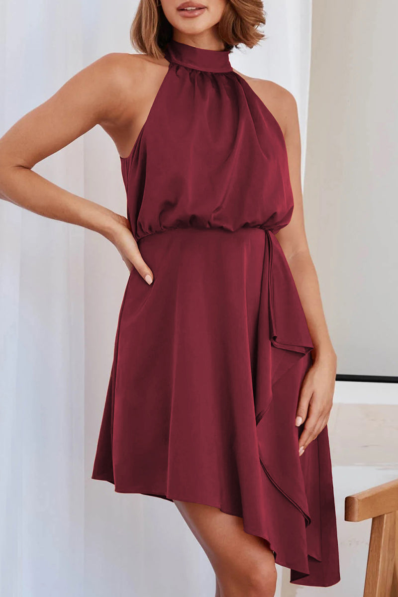 Celebrities Elegant Solid Asymmetrical Halter Irregular Dress Dresses(10 Colors)