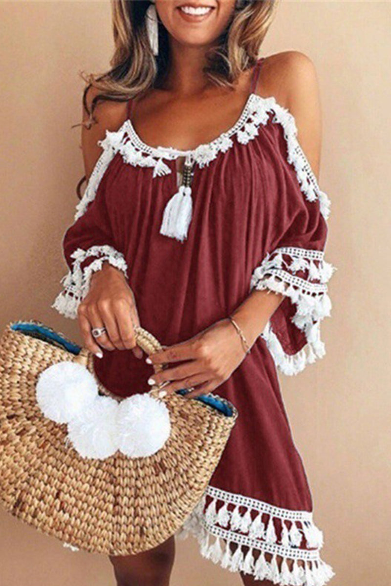 Casual Bohemian Solid Hollowed Out V Neck Princess Dresses(4 Colors)