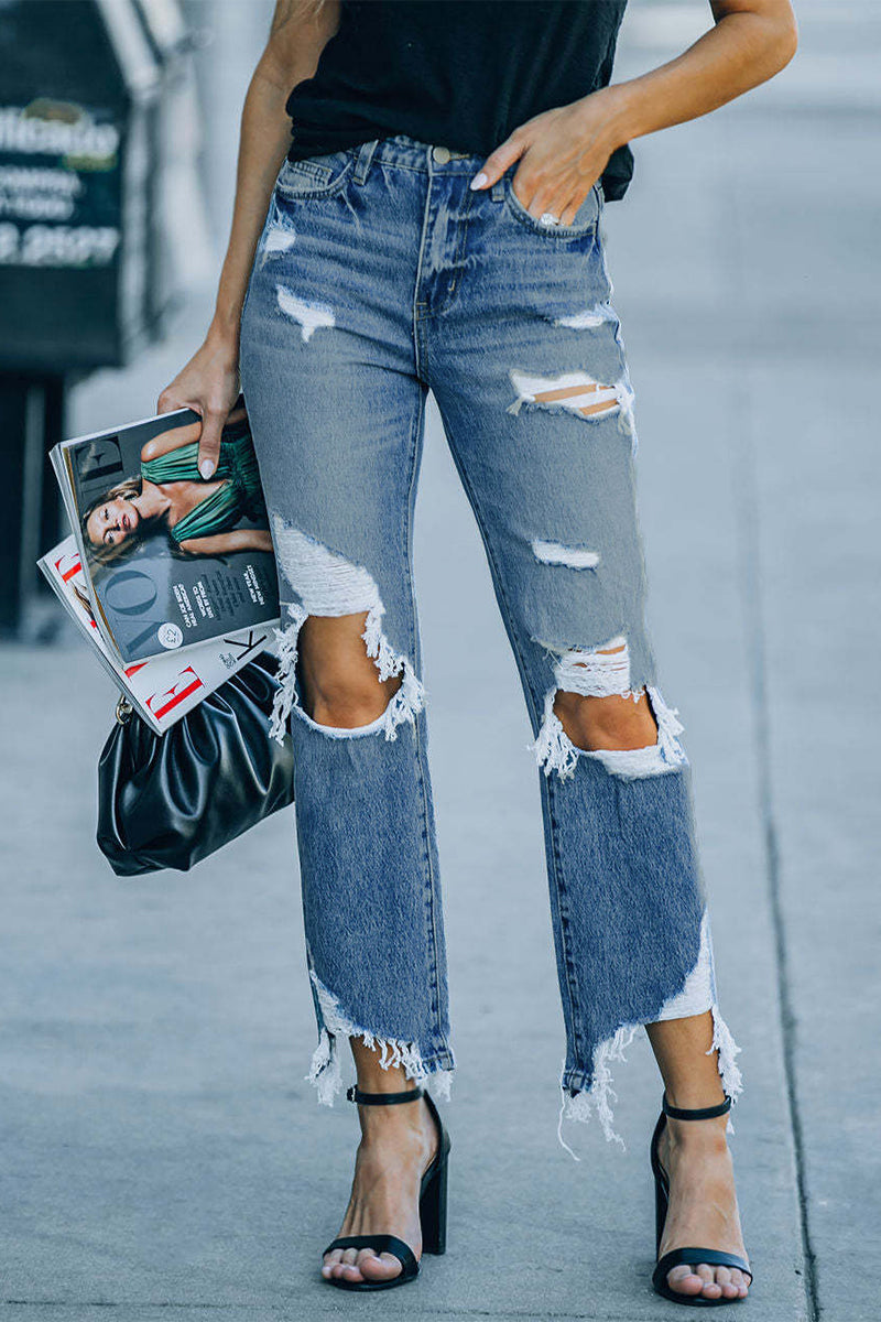 Casual Street Solid Ripped Make Old High Waist Regular Denim Jeans
