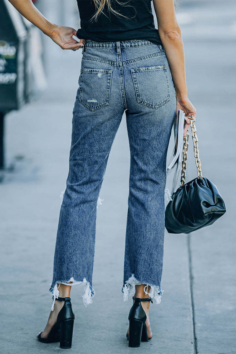 Casual Street Solid Ripped Make Old High Waist Regular Denim Jeans