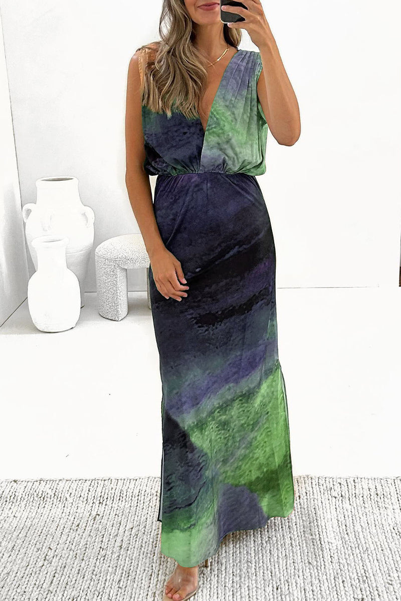 Casual Vacation Tie Dye Backless V Neck A Line Dresses