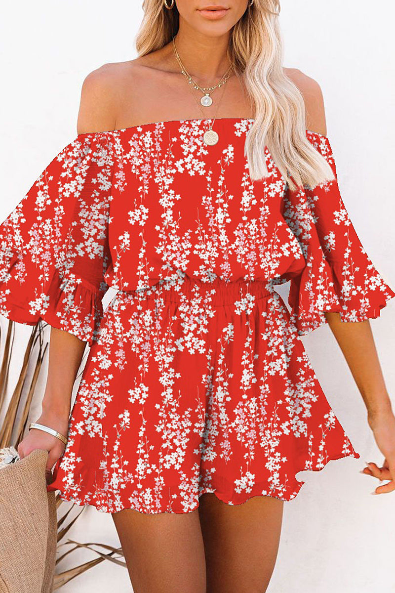 Casual Simplicity Print Patchwork Off the Shoulder Loose Rompers
