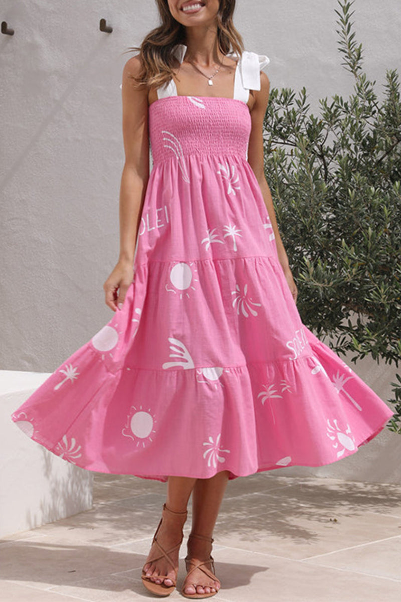 Sweet Elegant Print Frenulum Square Collar Beach Dress Dresses