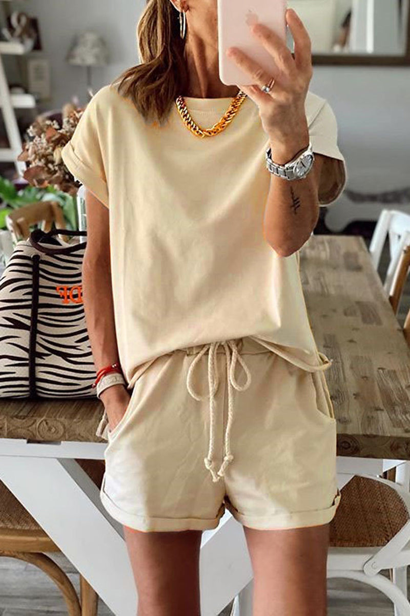 Fashion Living Solid Patchwork O Neck Short Sleeve Two Pieces(6 Colors)