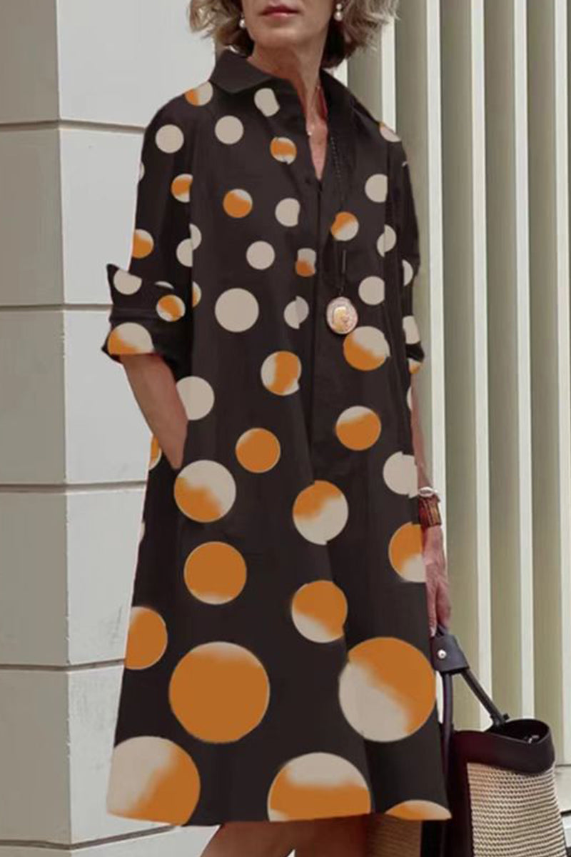 Casual Polka Dot Pocket Contrast Turndown Collar A Line Dresses