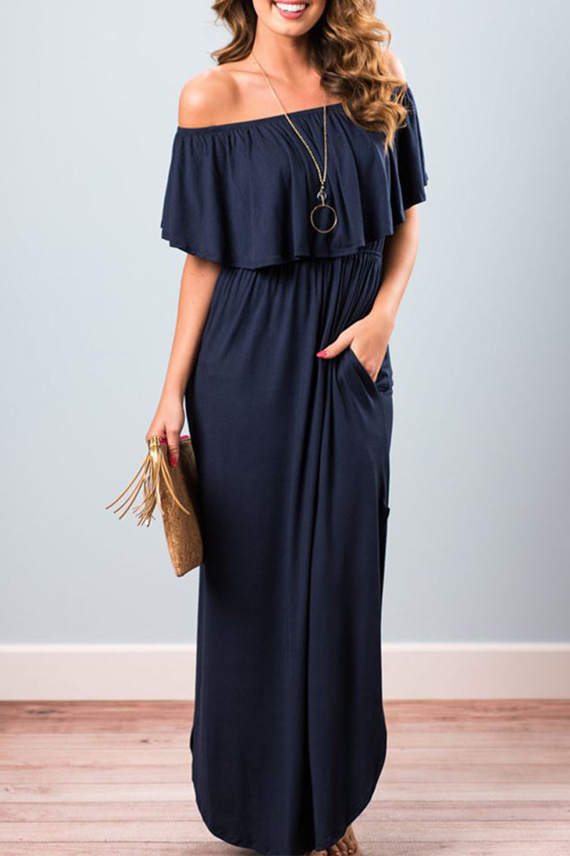 Sexy Casual Solid Pocket Flounce Off the Shoulder A Line Dresses