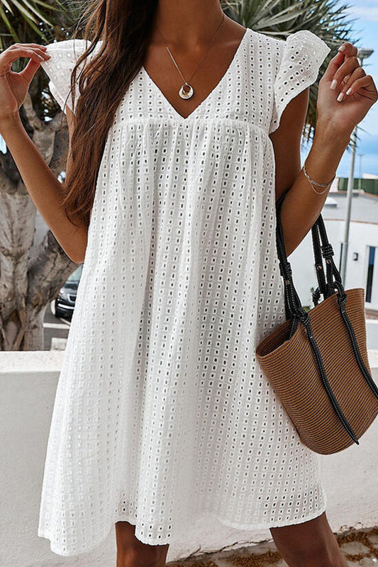 Sweet Cute Solid Lace Hollowed Out V Neck Beach Dress Dresses
