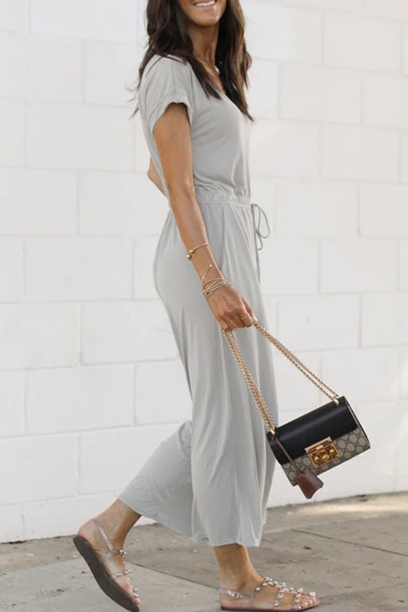 Casual Daily Solid Pocket Frenulum V Neck Jumpsuits
