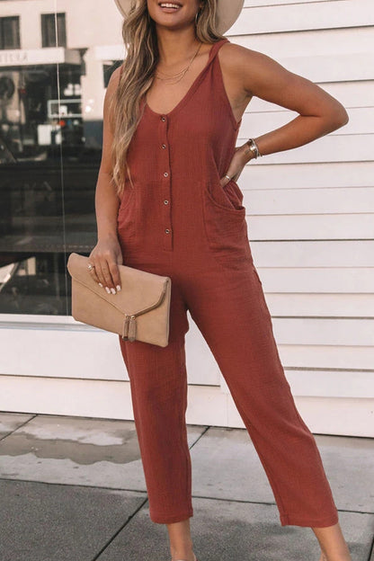 Casual Solid Pocket Buttons V Neck Loose Jumpsuits