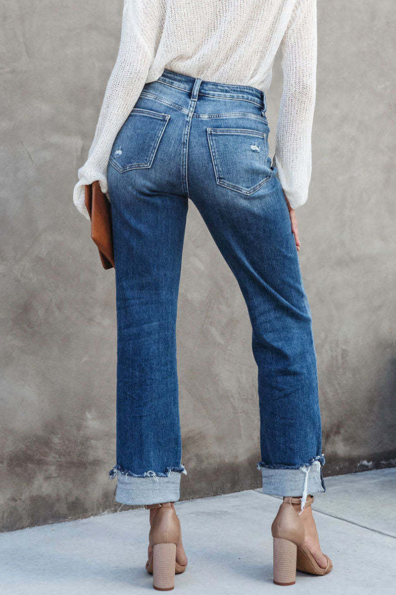 Casual Street Solid Make Old Asymmetrical Straight Denim Jeans
