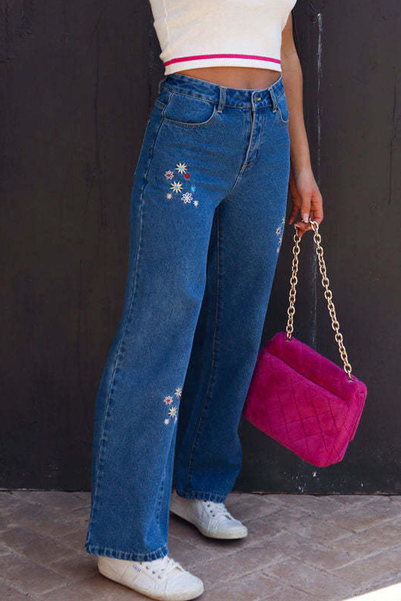 Casual Street Solid Embroidered Mid Waist Denim Jeans