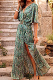 Bohemian College Floral Patchwork With Belt V Neck Waist Skirt Dresses(5 Colors)