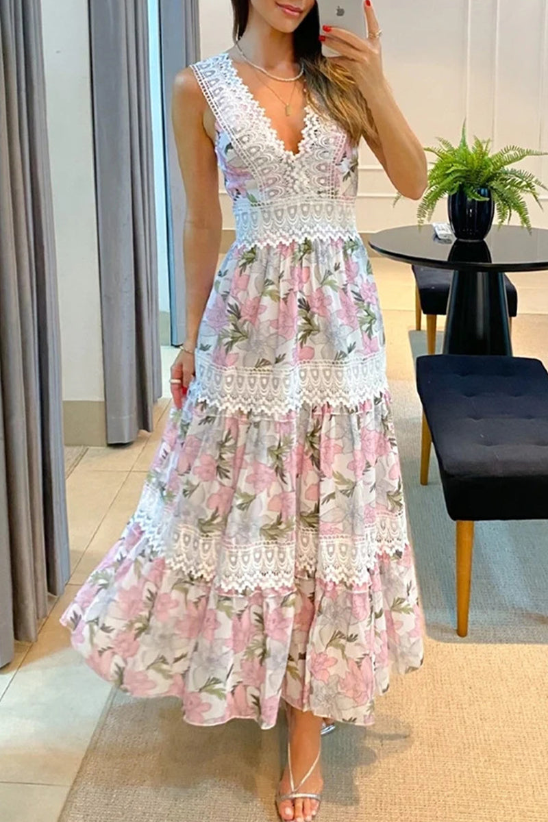 Bohemian Elegant Print Lace Patchwork V Neck Waist Skirt Dresses