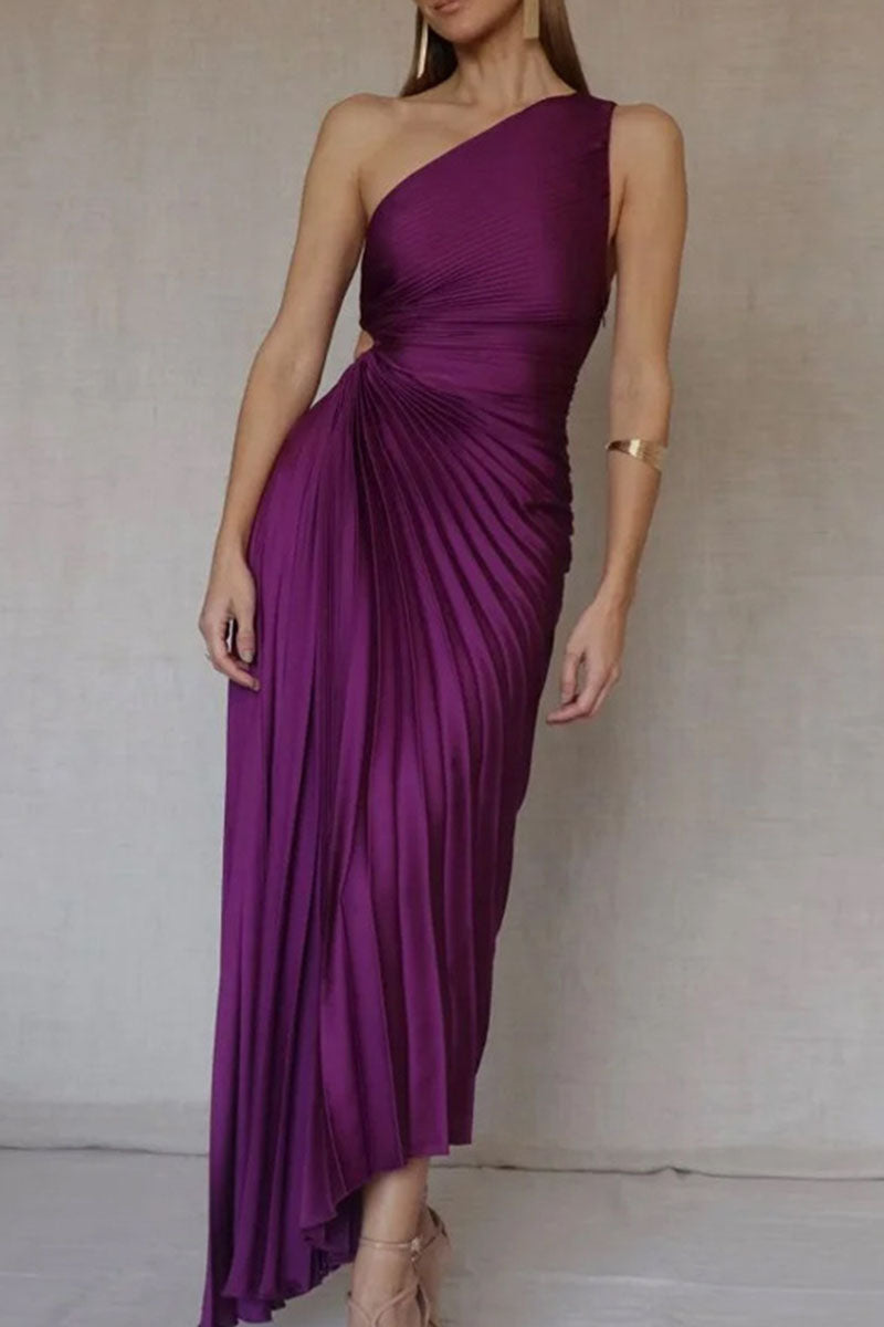 Elegant Solid Patchwork Fold Asymmetrical Oblique Collar Evening Dress Dresses