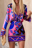 British Style Elegant Print Patchwork Buttons V Neck Long Sleeve Two Pieces