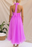 Sweet Elegant Solid Backless Halter A Line Dresses(6 Colors)