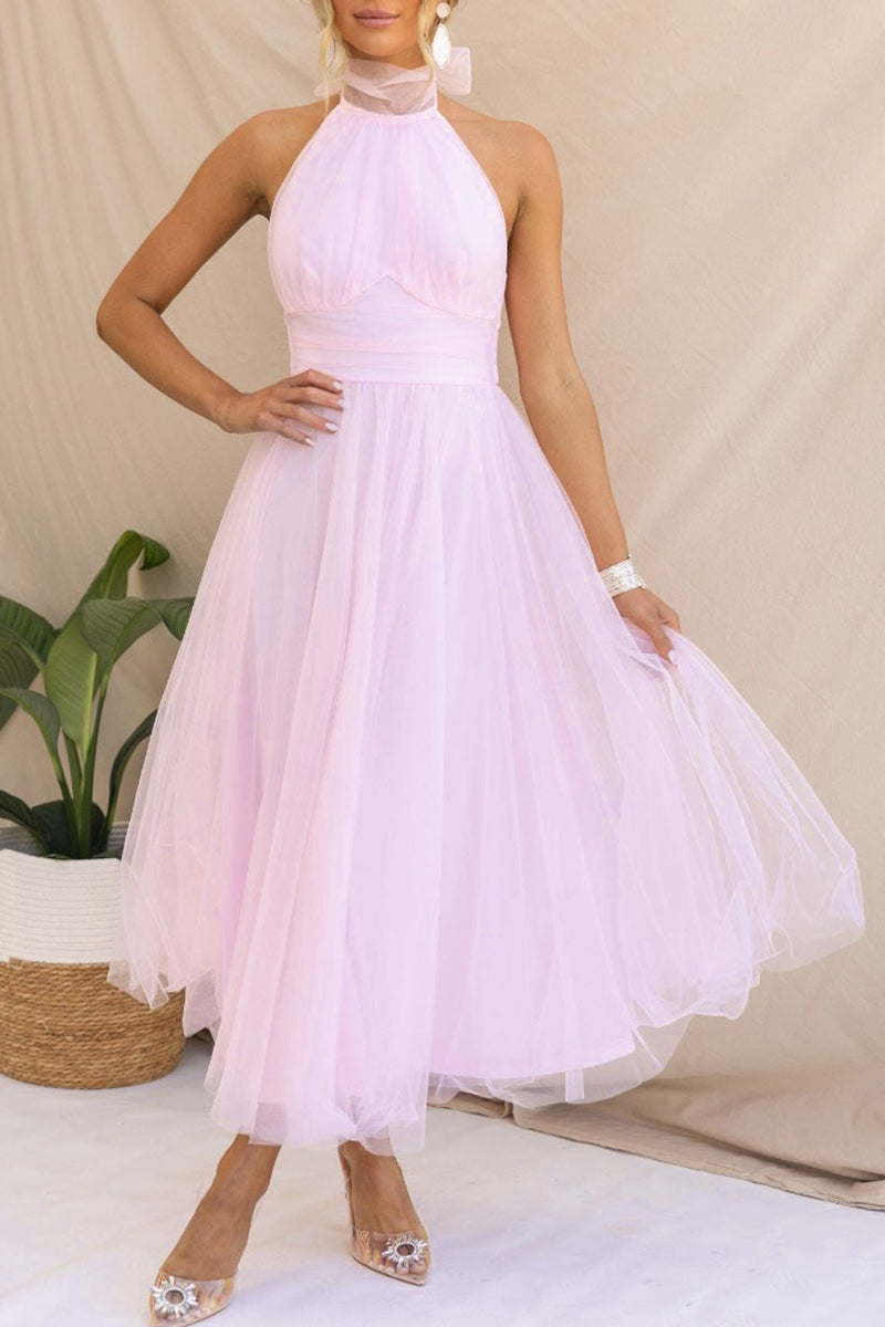Sweet Elegant Solid Backless Halter A Line Dresses(6 Colors)